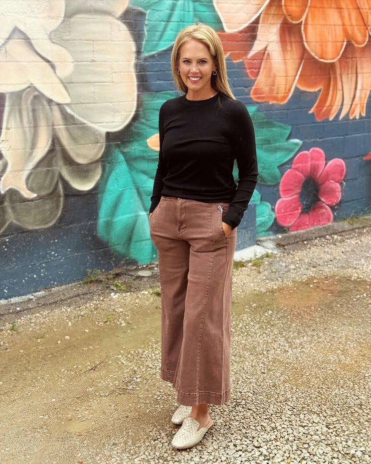 Becca Denim Cropped Gaucho Pant- Dark Brown