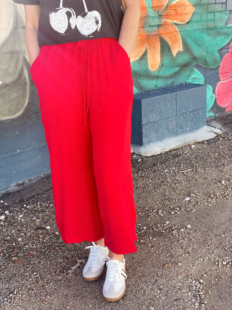 Solid Drawstring Waist Loose Fit Pants-Red