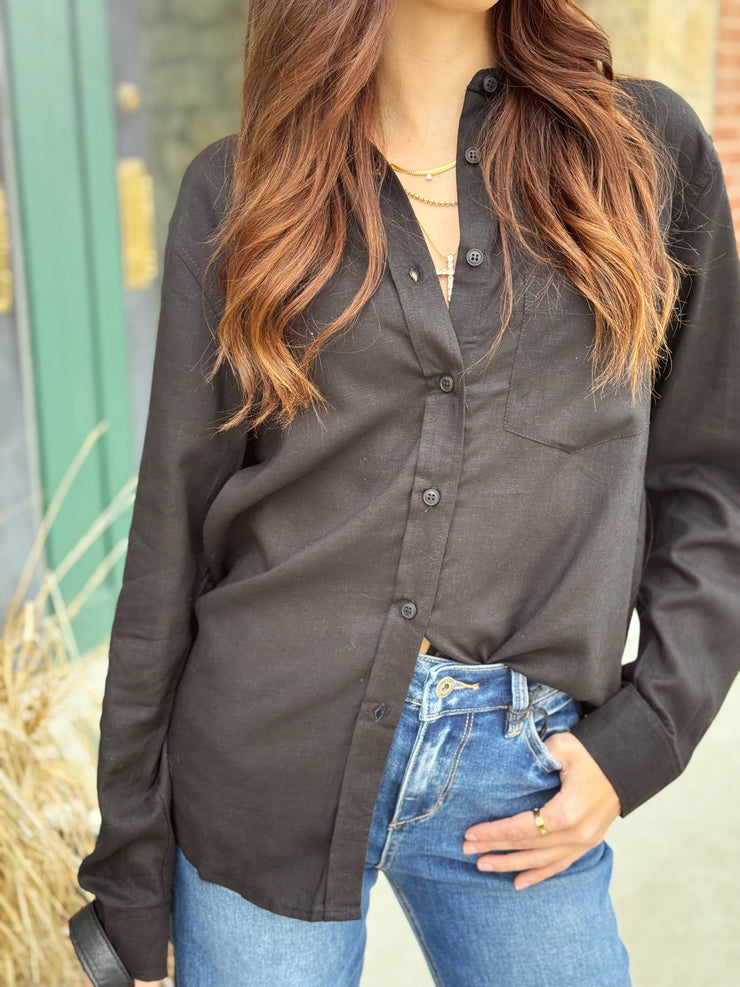Black Linen Blend Button Top