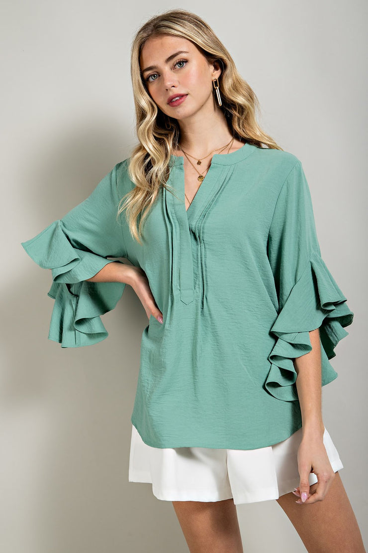 Ruffled Bell Sleeve And Front Pleated Detail Top