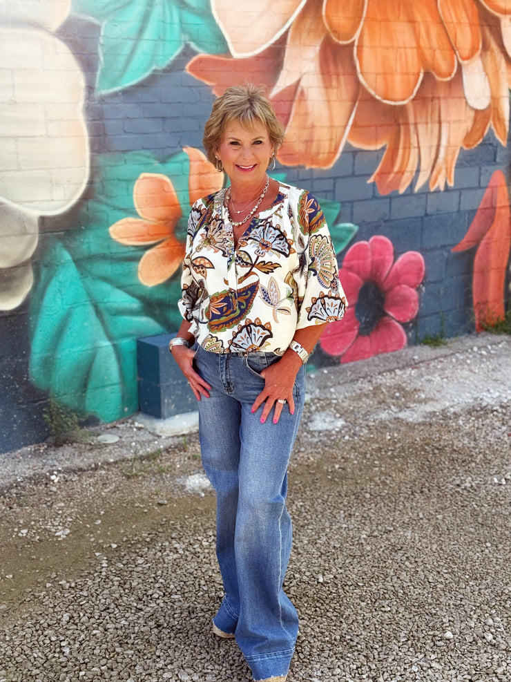 Boho Paisley Print Top- Cream