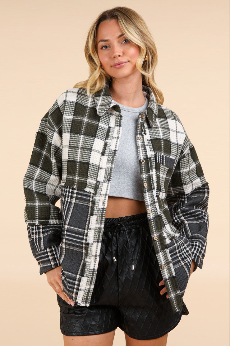 Mixed Plaid Oversized Shacket- Olive