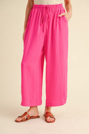 Solid Drawstring Waist Loose Fit Pants-Pink