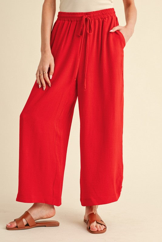 Solid Drawstring Waist Loose Fit Pants-Red