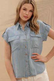 Stripe Button Down Tab Sleeve Chambray Shirt