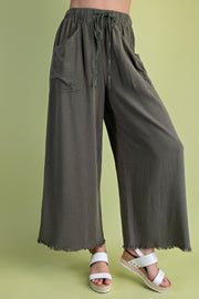 Frayed Cropped Wide Leg Pants-Olive