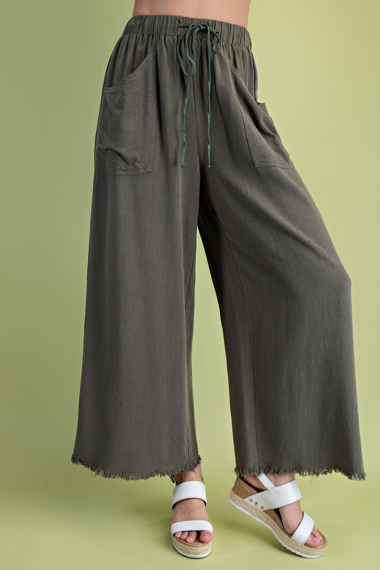 Frayed Cropped Wide Leg Pants-Olive