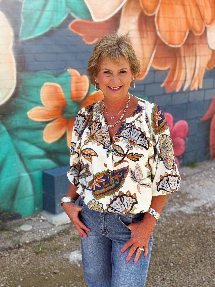 Boho Paisley Print Top- Cream