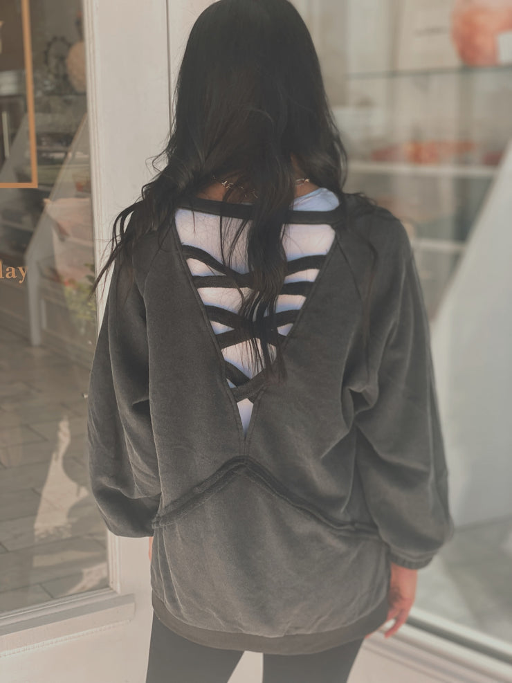 Back Cross Strap Sweatshirt- Black