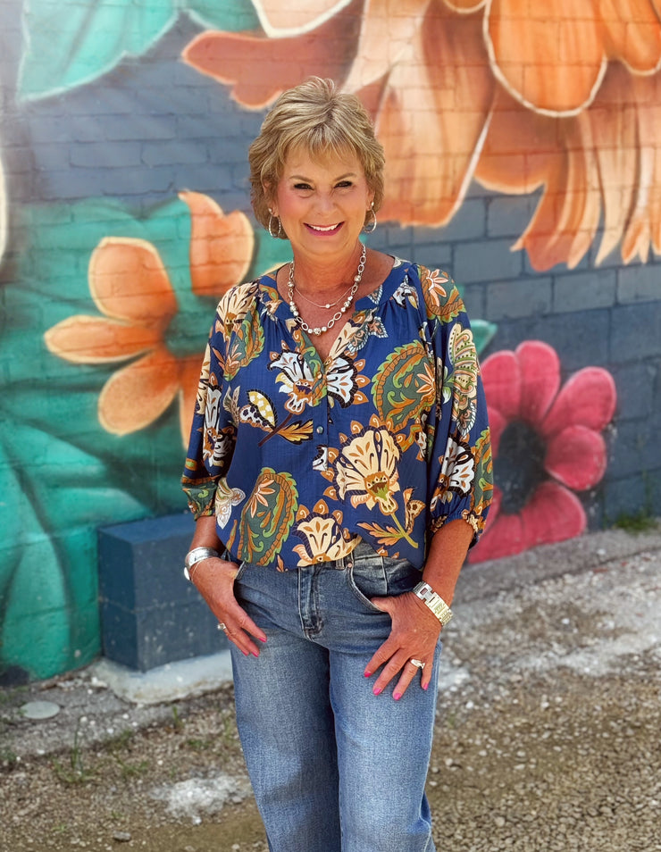 Boho Paisley Print Top-Navy