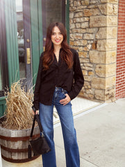 Black Linen Blend Button Top