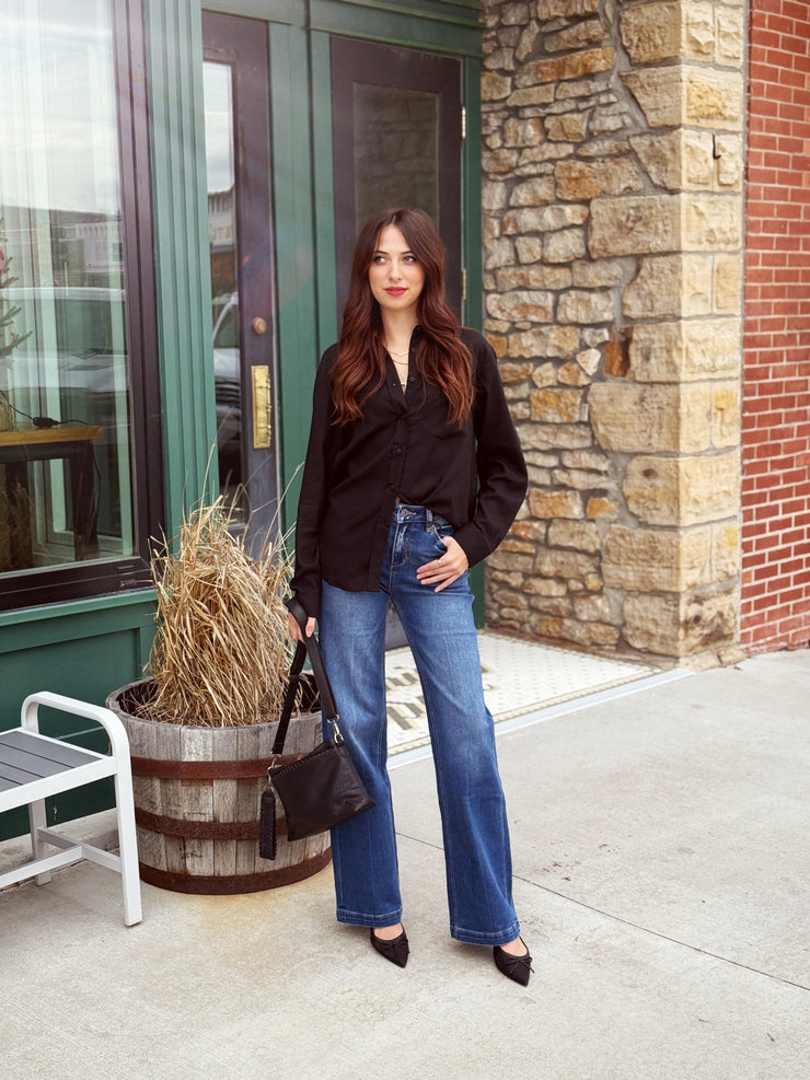 Black Linen Blend Button Top