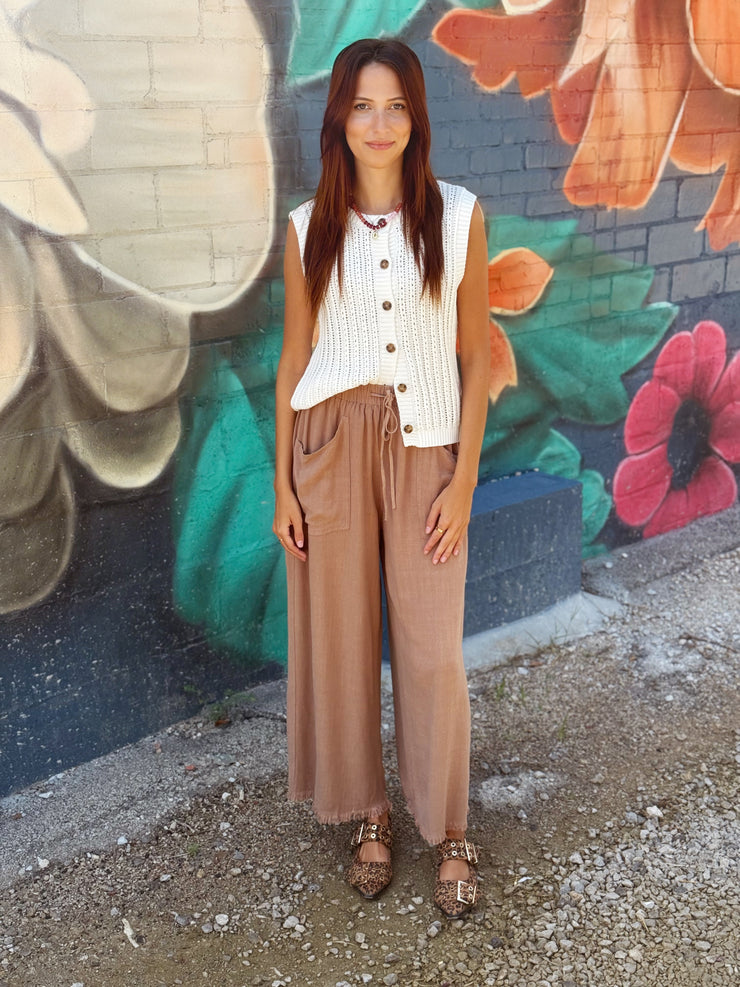 Frayed Cropped Wide Leg Pants-Mocha