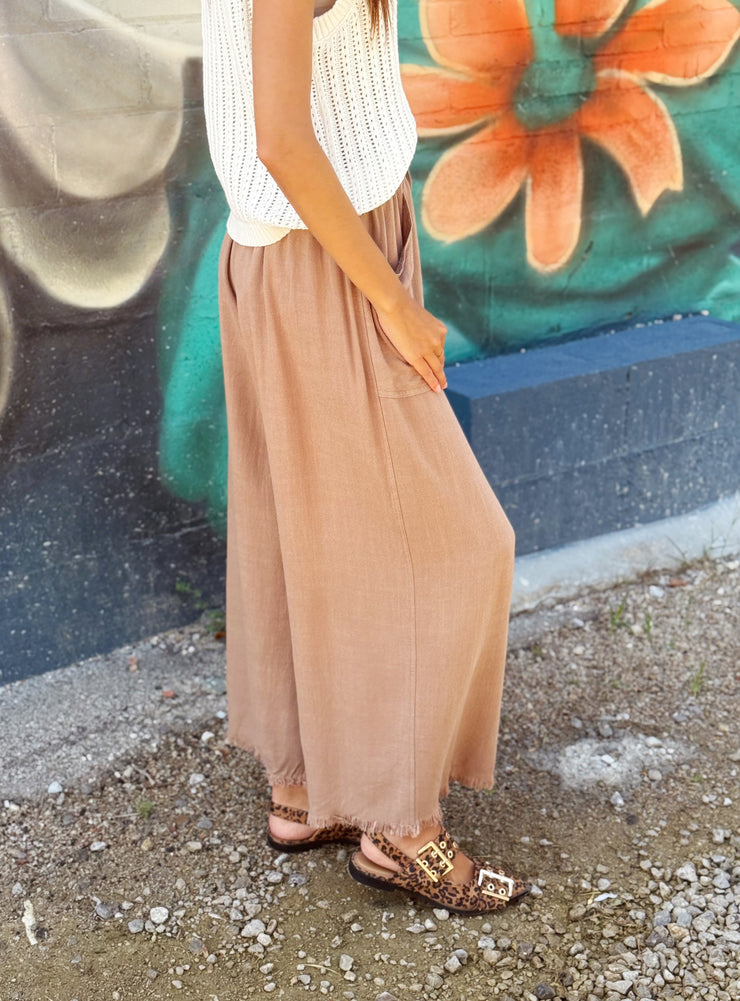 Frayed Cropped Wide Leg Pants-Mocha
