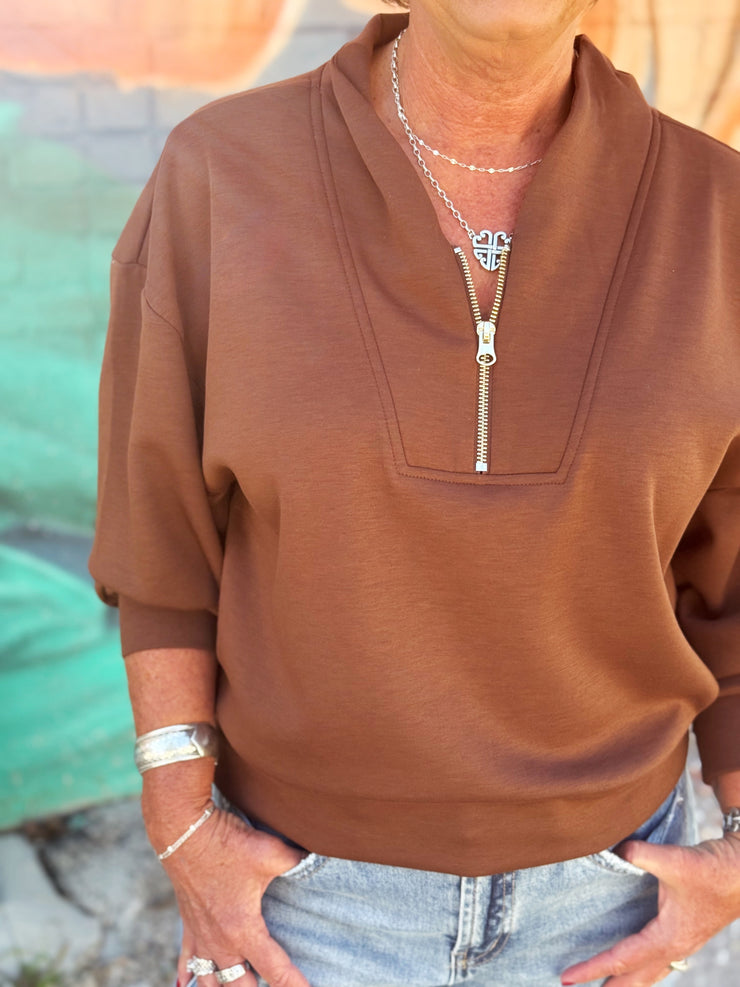 Kate 1/4 Zip Pullover- Brown
