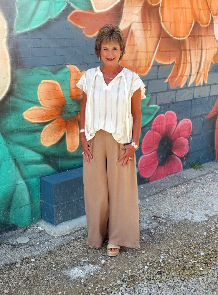 Frayed Cropped Wide Leg Pants-Mocha