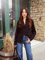 Black Linen Blend Button Top