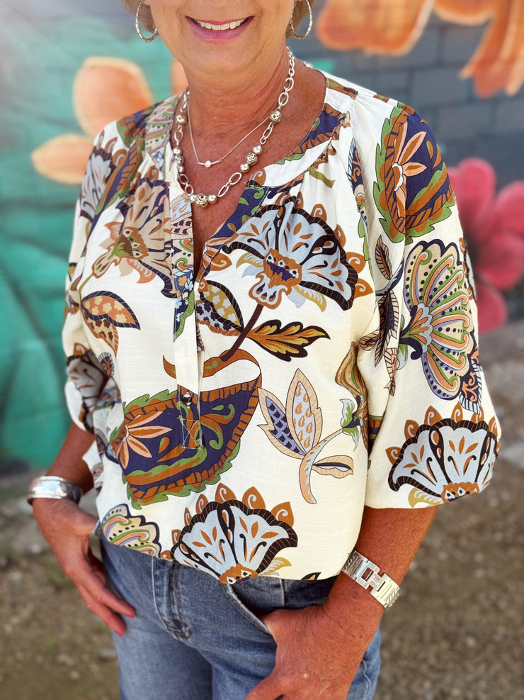 Boho Paisley Print Top- Cream