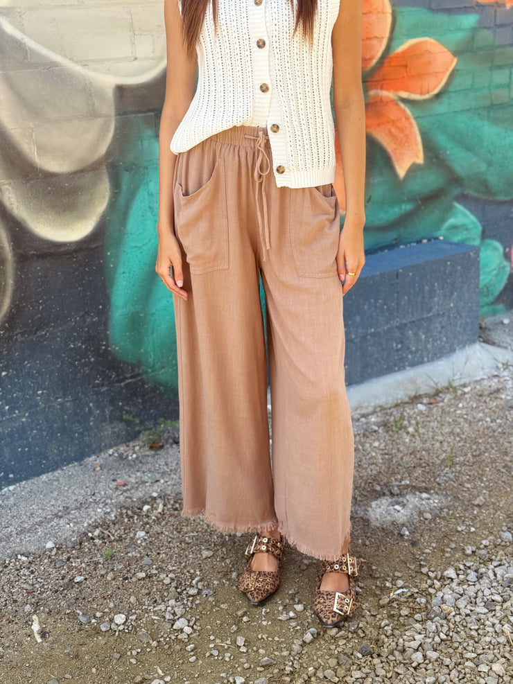 Frayed Cropped Wide Leg Pants-Mocha