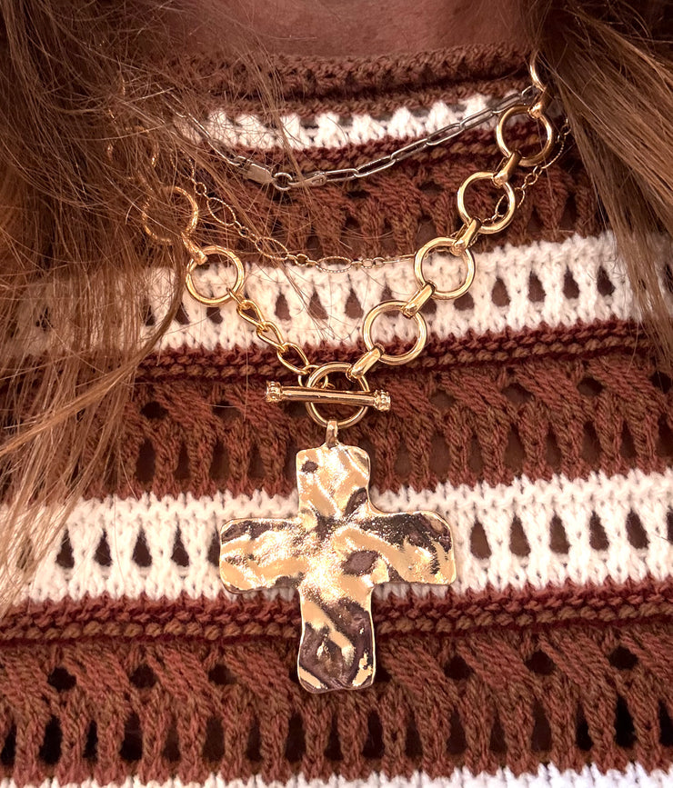 Hammered Cross Necklace- Gold