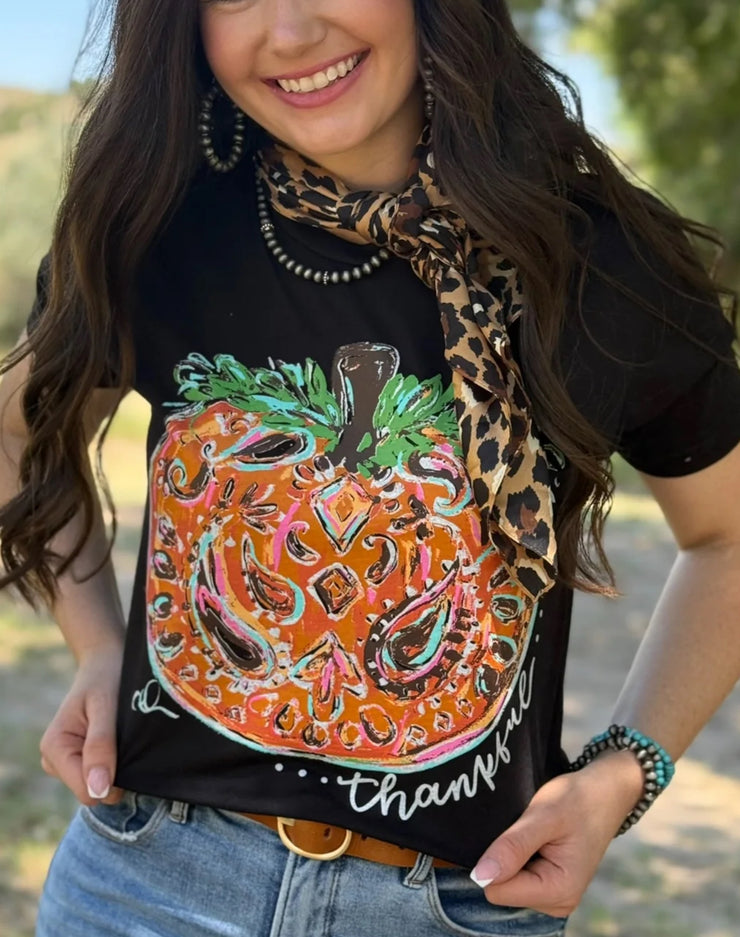 Fall Pumpkin Graphic Tee- VNeck Black