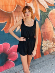 Solid Sleeveless Drawstring Waist Romper- Black