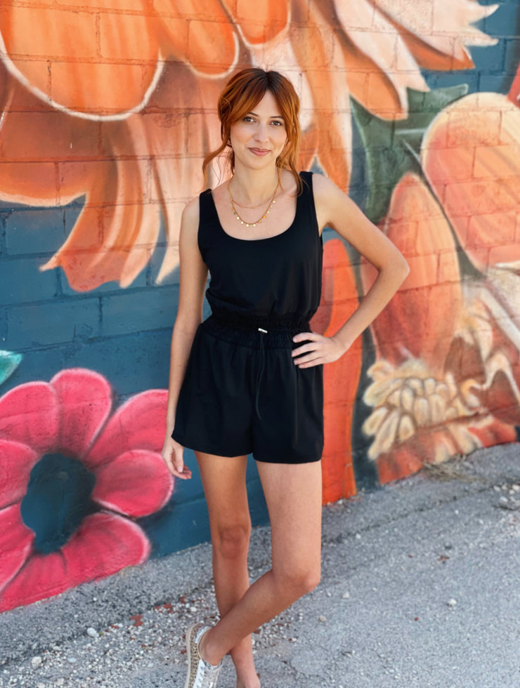 Solid Sleeveless Drawstring Waist Romper- Black