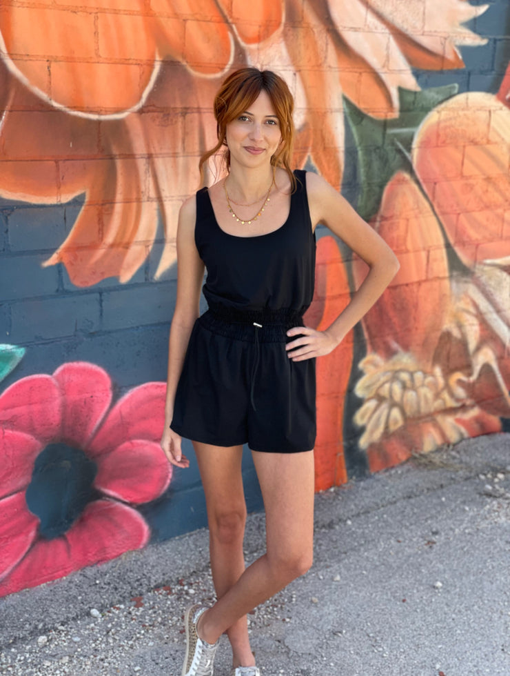 Solid Sleeveless Drawstring Waist Romper- Black