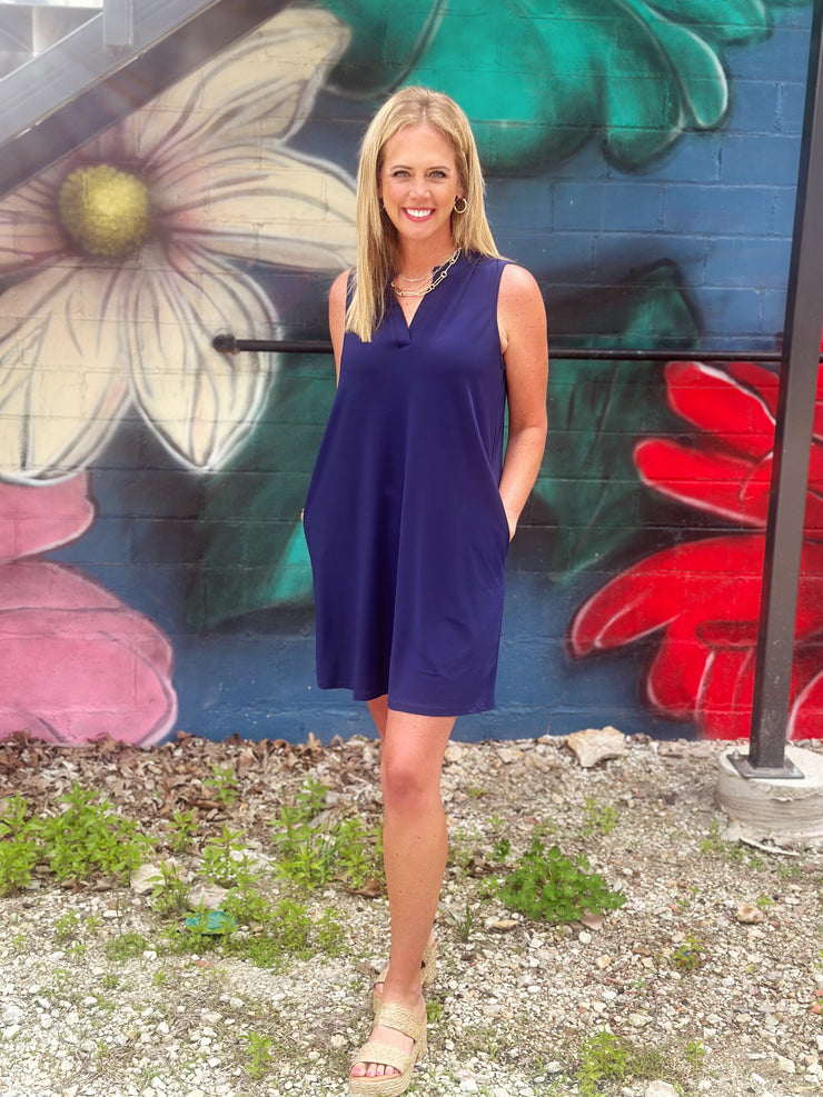 Ellie Solid Dress- Navy
