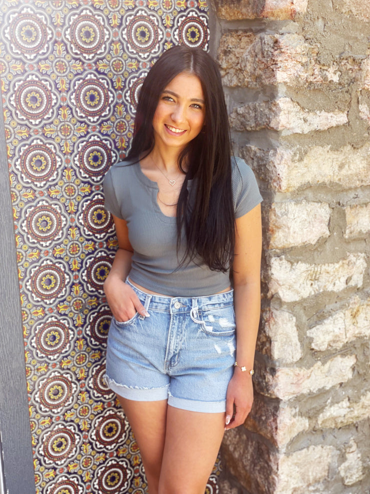 Split U Neck Short Sleeve Knit Crop Top