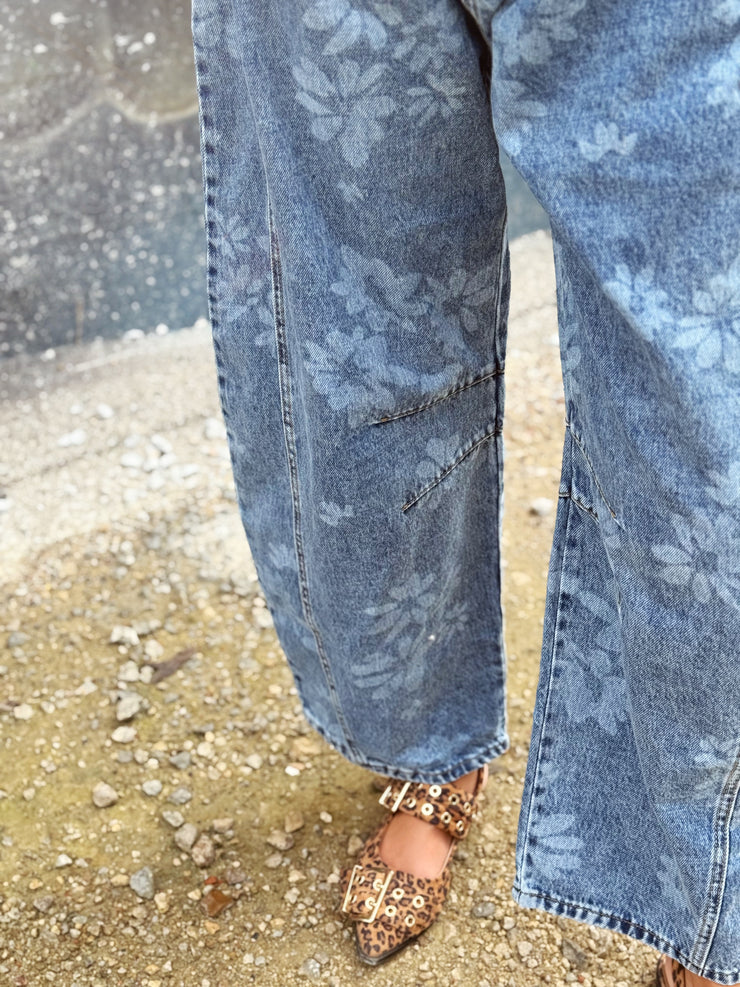 Floral Barrel Denim