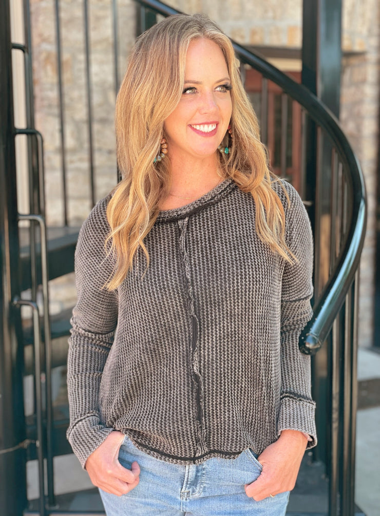 Washed Baby Waffle Top - Ash Black