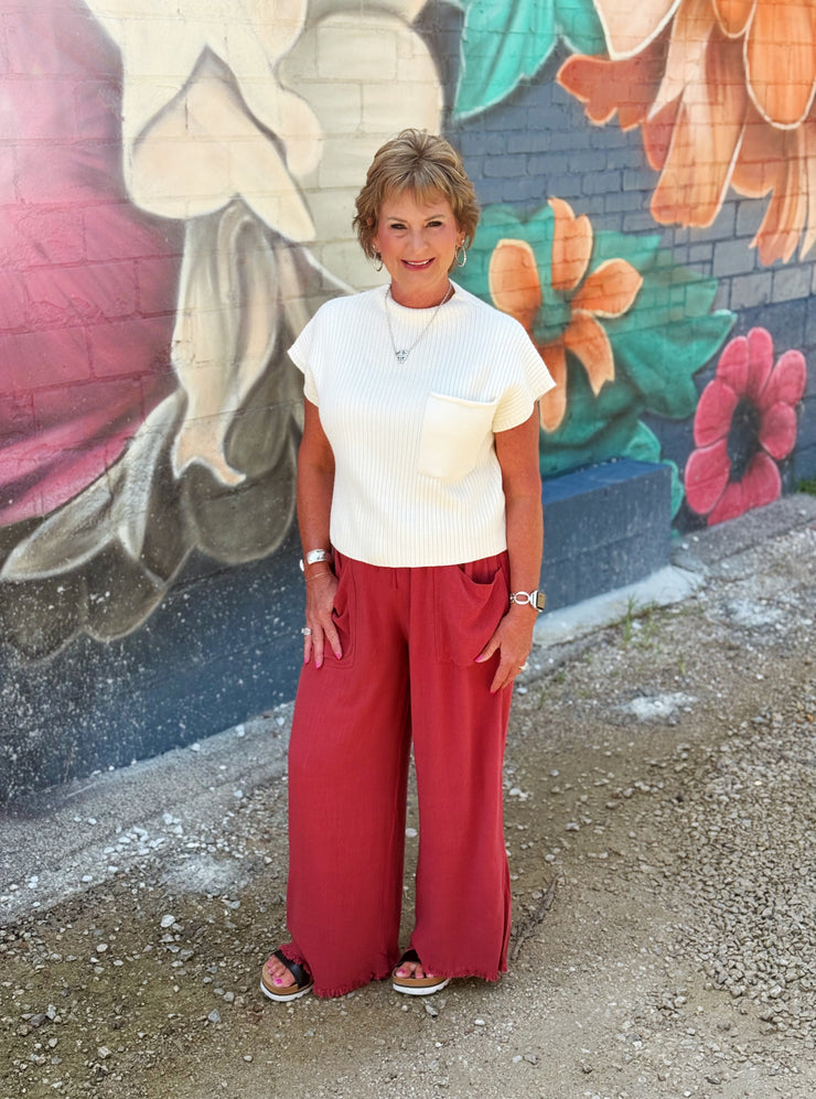Frayed Cropped Wide Leg Pants-Brick