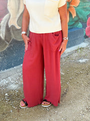 Frayed Cropped Wide Leg Pants-Brick