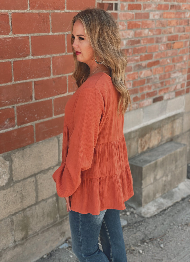 Robyn Tiered V Neck Top- Rust