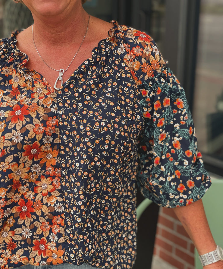 Fall Floral Mix Blouse- Navy