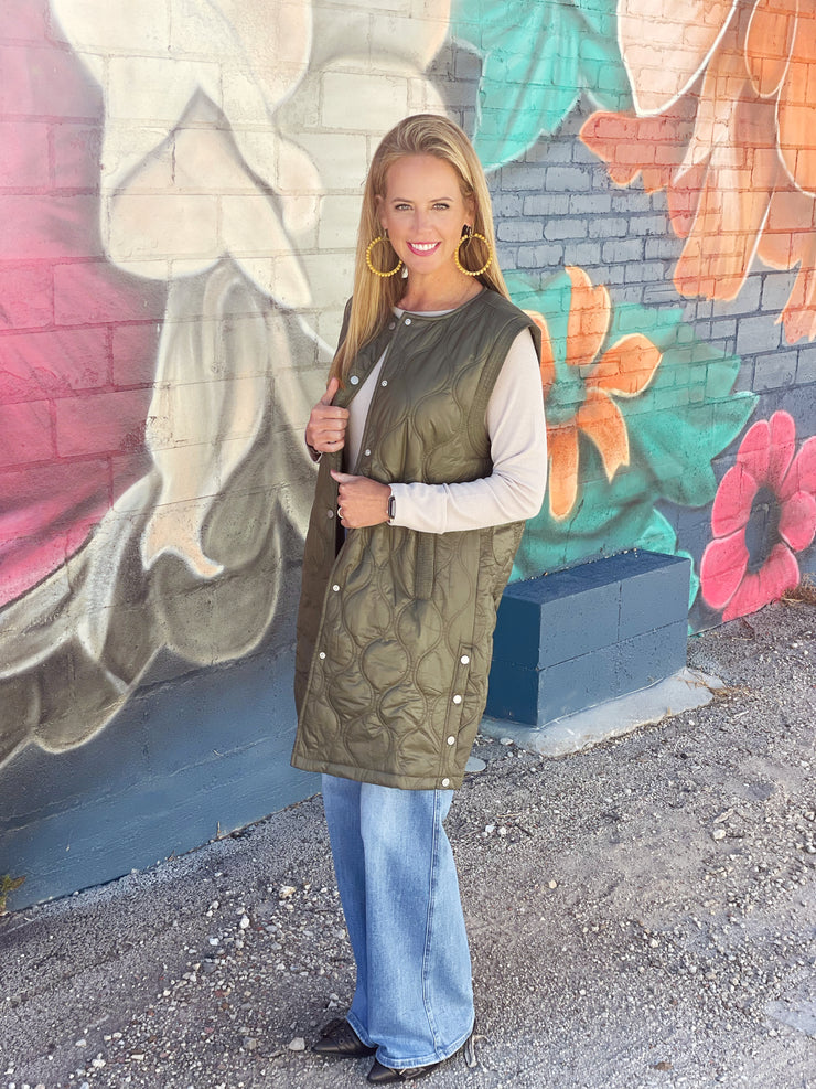 Quilted Long Vest- Olive (S-3XL)