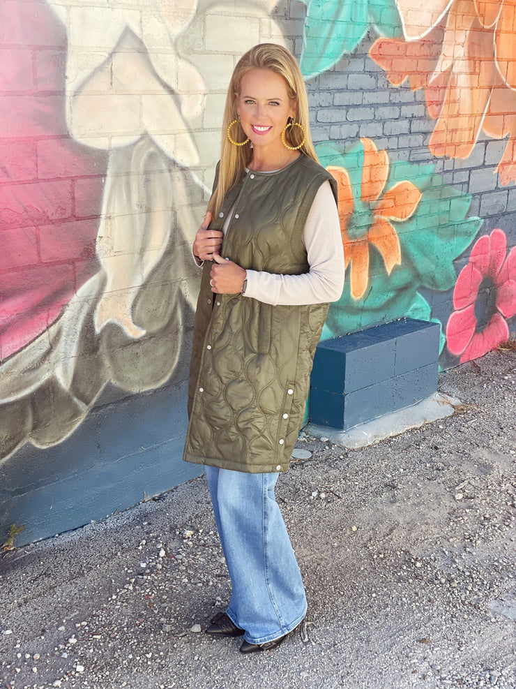 Quilted Long Vest- Olive (S-3XL)