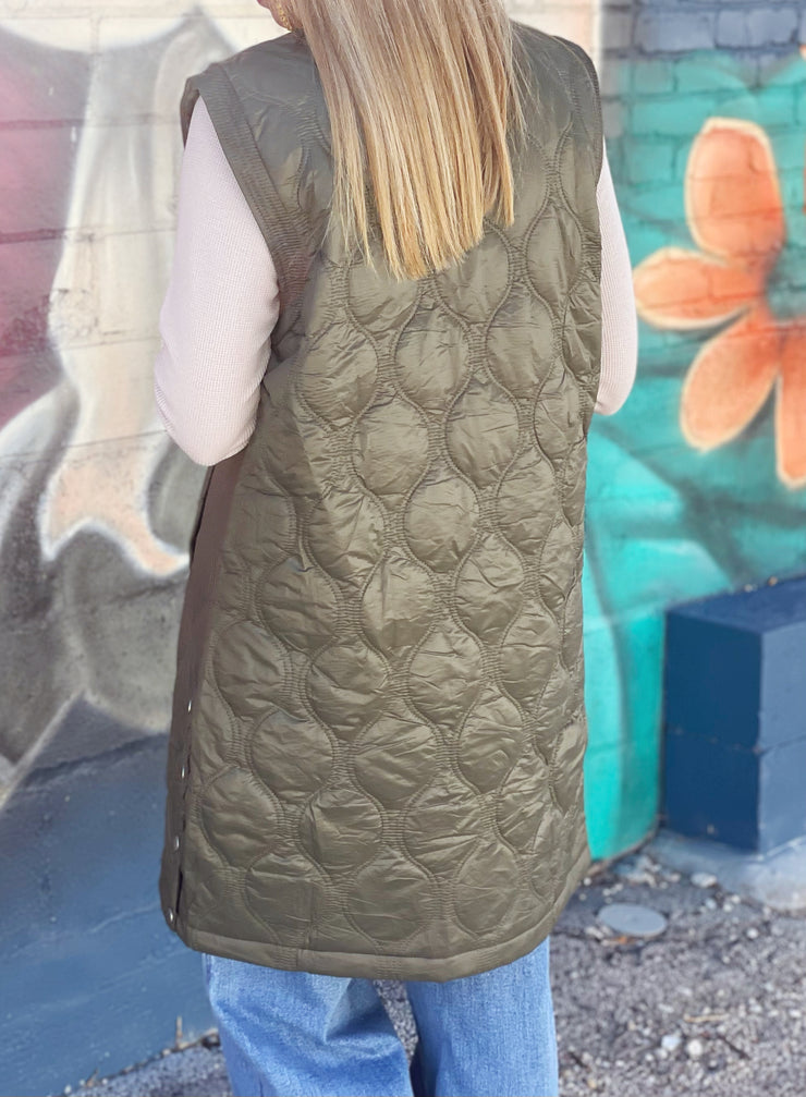 Quilted Long Vest- Olive (S-3XL)