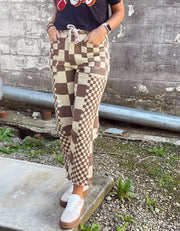 Checkered Denim Pant- Mocha