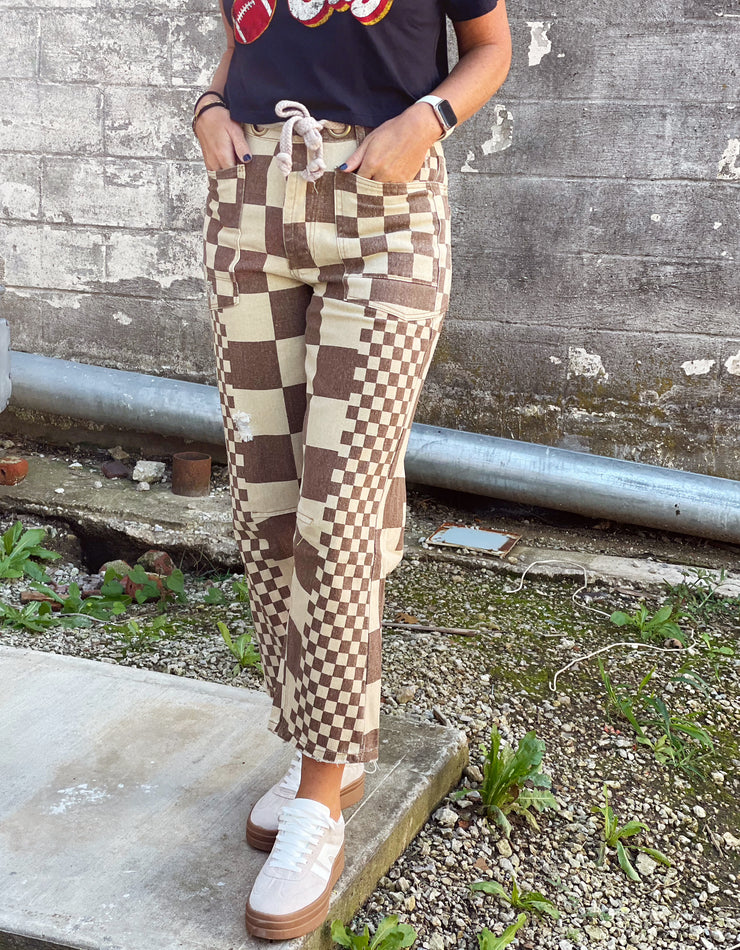 Checkered Denim Pant- Mocha