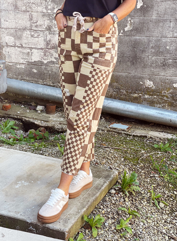 Checkered Denim Pant- Mocha