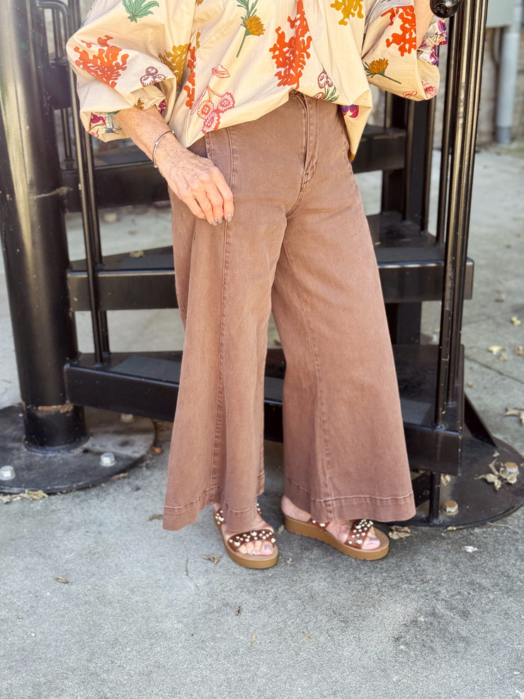 Becca Denim Cropped Gaucho Pant- Dark Brown