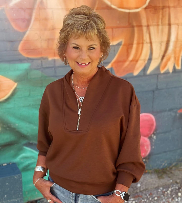 Kate 1/4 Zip Pullover- Brown