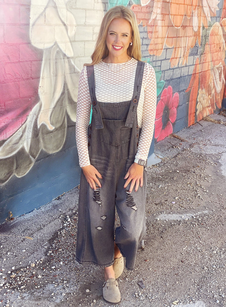 Distressed Denim Oversized Overalls- Black