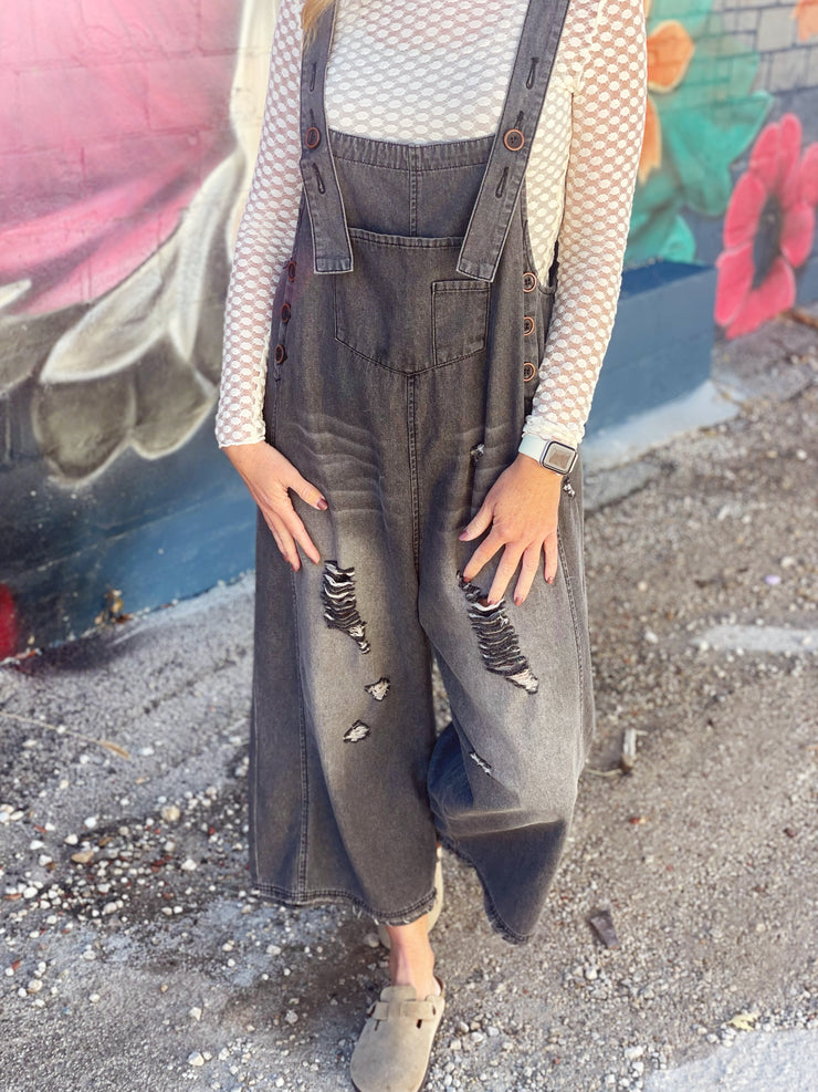 Distressed Denim Oversized Overalls- Black