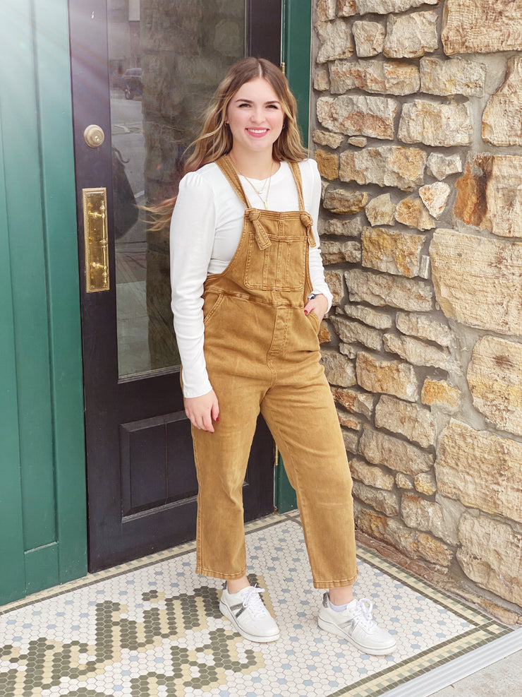 Washed Denim Overalls-Taupe