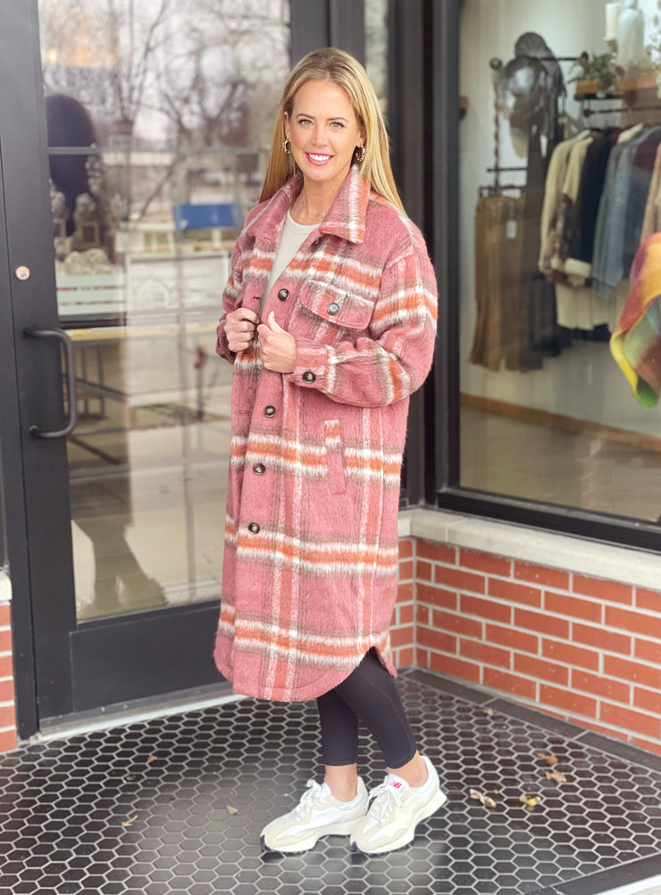 Plaid Fur Button Down Long Coat- Mauve