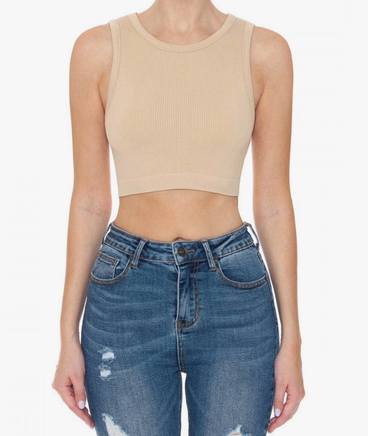 Seamless Ribbed Round Neck Crop- Taupe