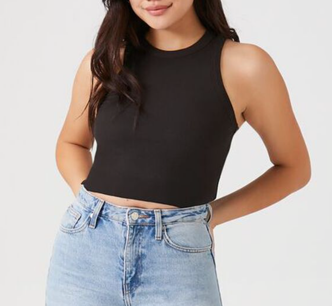 Seamless Ribbed Round Neck Crop- Black